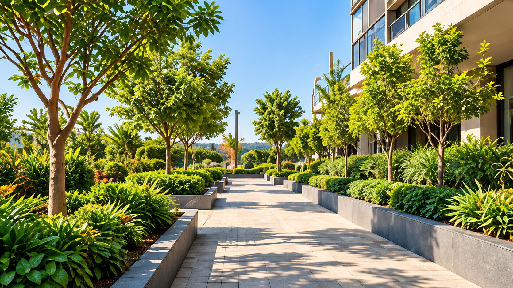 Landscaped pedestrian walkway with mature trees and planted terraces